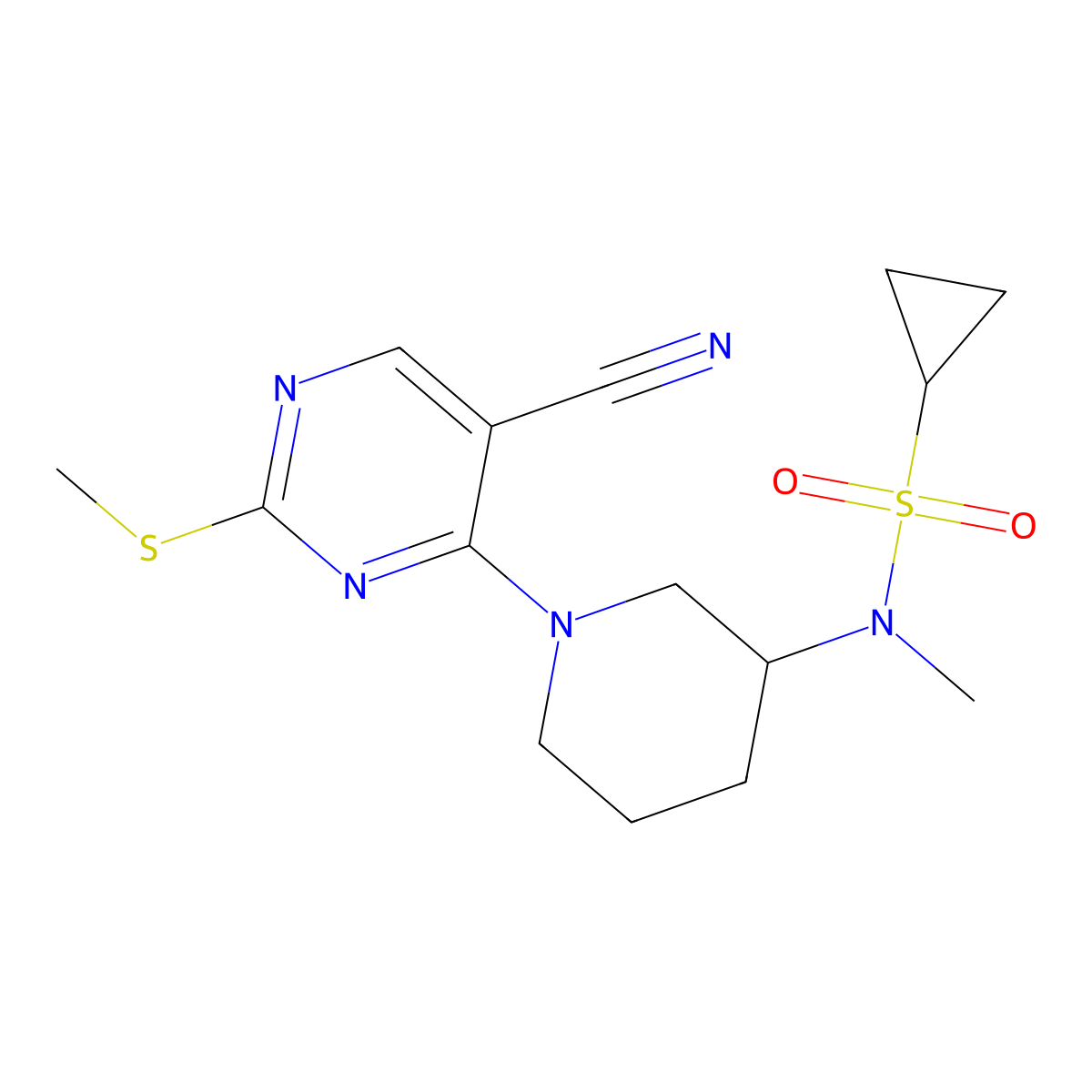 N-{1-[5-cyano-2-(methylsulfanyl)pyrimidin-4-yl]piperidin-3-yl}-N-methylcyclopropanesulfonamide molecular structure, CAS 2742028-36-8