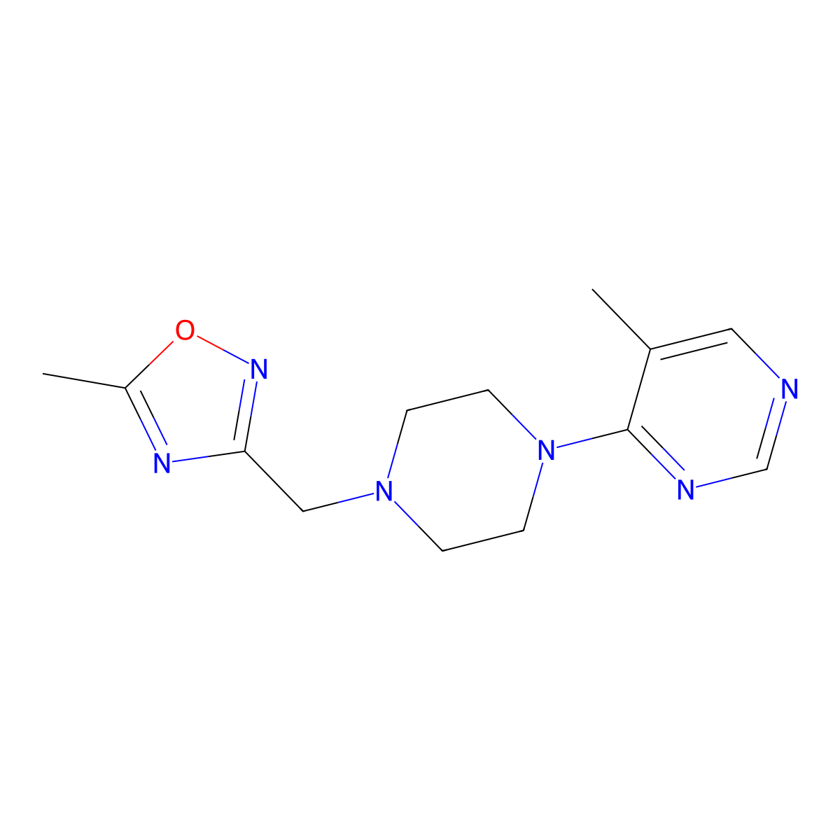 5-Methyl-4-{4-[(5-methyl-1,2,4-oxadiazol-3-yl)methyl]piperazin-1-yl}pyrimidine molecular structure, CAS 2742028-37-9