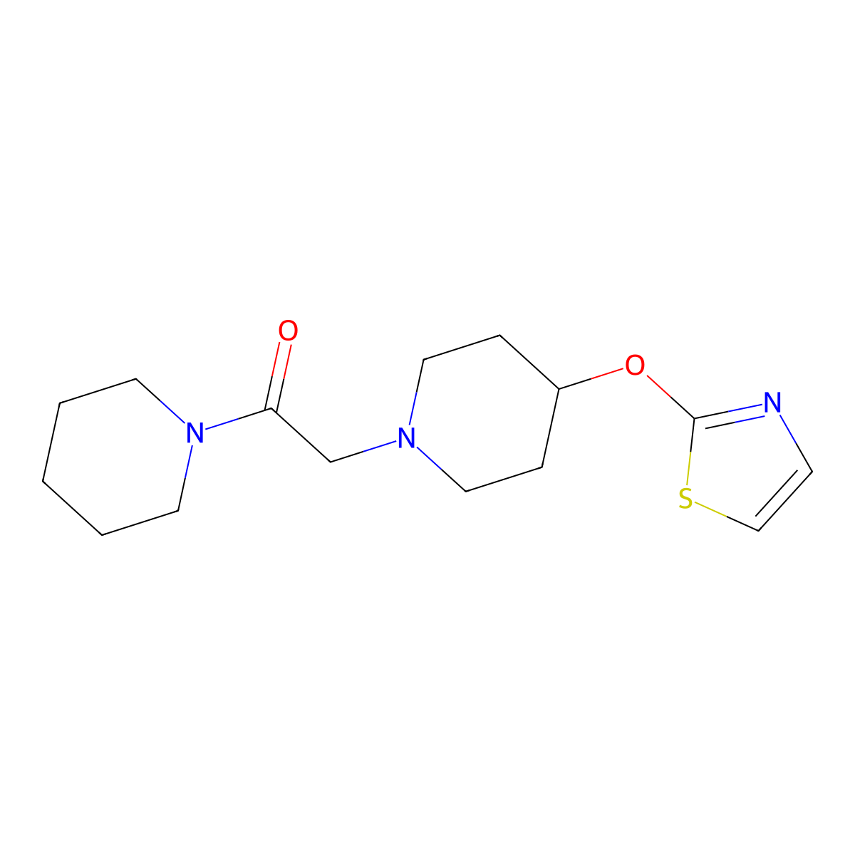 1-(Piperidin-1-yl)-2-[4-(1,3-thiazol-2-yloxy)piperidin-1-yl]ethan-1-one molecular structure, CAS 2742028-62-0