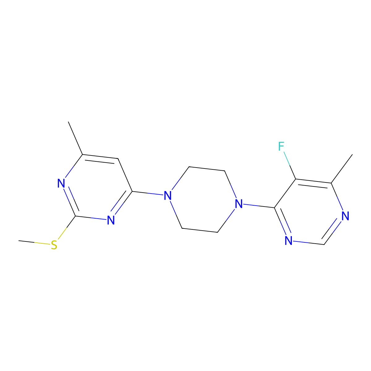 4-[4-(5-Fluoro-6-methylpyrimidin-4-yl)piperazin-1-yl]-6-methyl-2-(methylsulfanyl)pyrimidine molecular structure, CAS 2742028-66-4