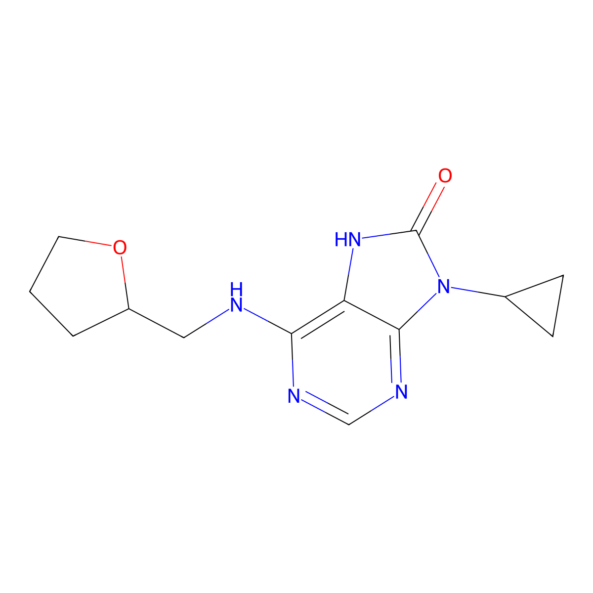 9-cyclopropyl-6-{[(oxolan-2-yl)methyl]amino}-8,9-dihydro-7H-purin-8-one molecular structure, CAS 2742028-74-4