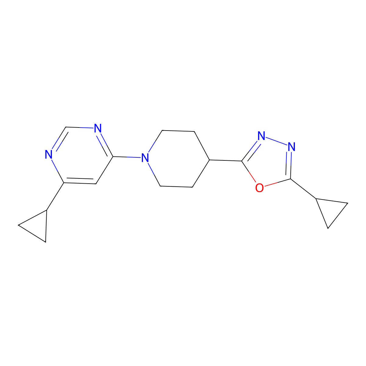4-Cyclopropyl-6-[4-(5-cyclopropyl-1,3,4-oxadiazol-2-yl)piperidin-1-yl]pyrimidine molecular structure, CAS 2742028-78-8