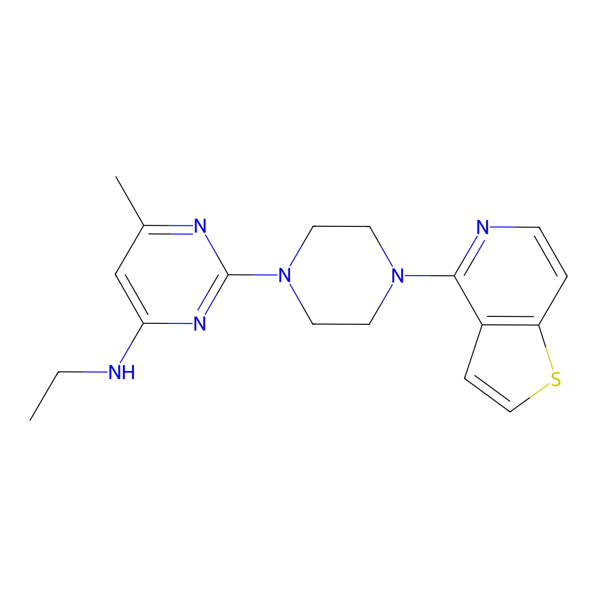 N-ethyl-6-methyl-2-(4-{thieno[3,2-c]pyridin-4-yl}piperazin-1-yl)pyrimidin-4-amine molecular structure, CAS 2742028-82-4