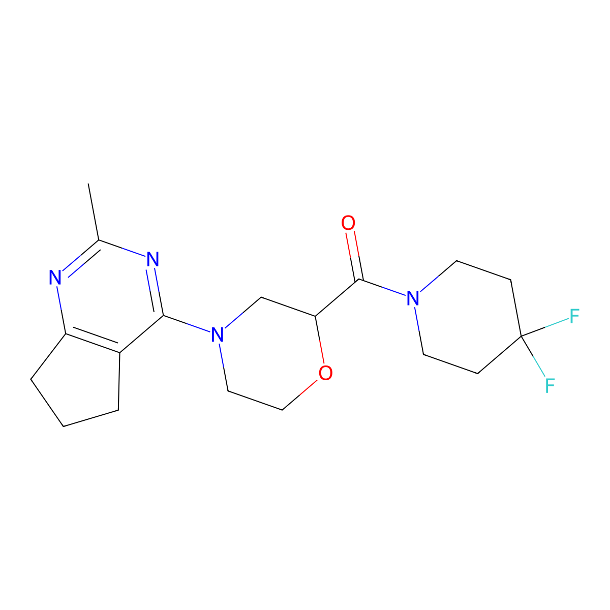 2-(4,4-difluoropiperidine-1-carbonyl)-4-{2-methyl-5H,6H,7H-cyclopenta[d]pyrimidin-4-yl}morpholine molecular structure, CAS 2742028-90-4