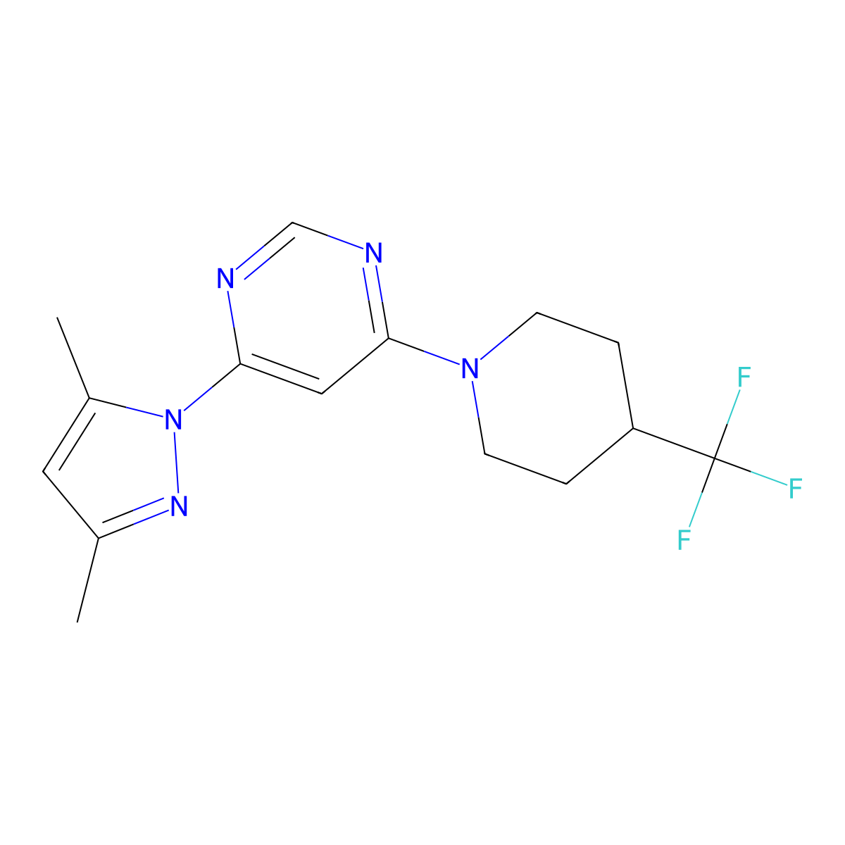 4-(3,5-dimethyl-1H-pyrazol-1-yl)-6-[4-(trifluoromethyl)piperidin-1-yl]pyrimidine molecular structure, CAS 2742028-97-1