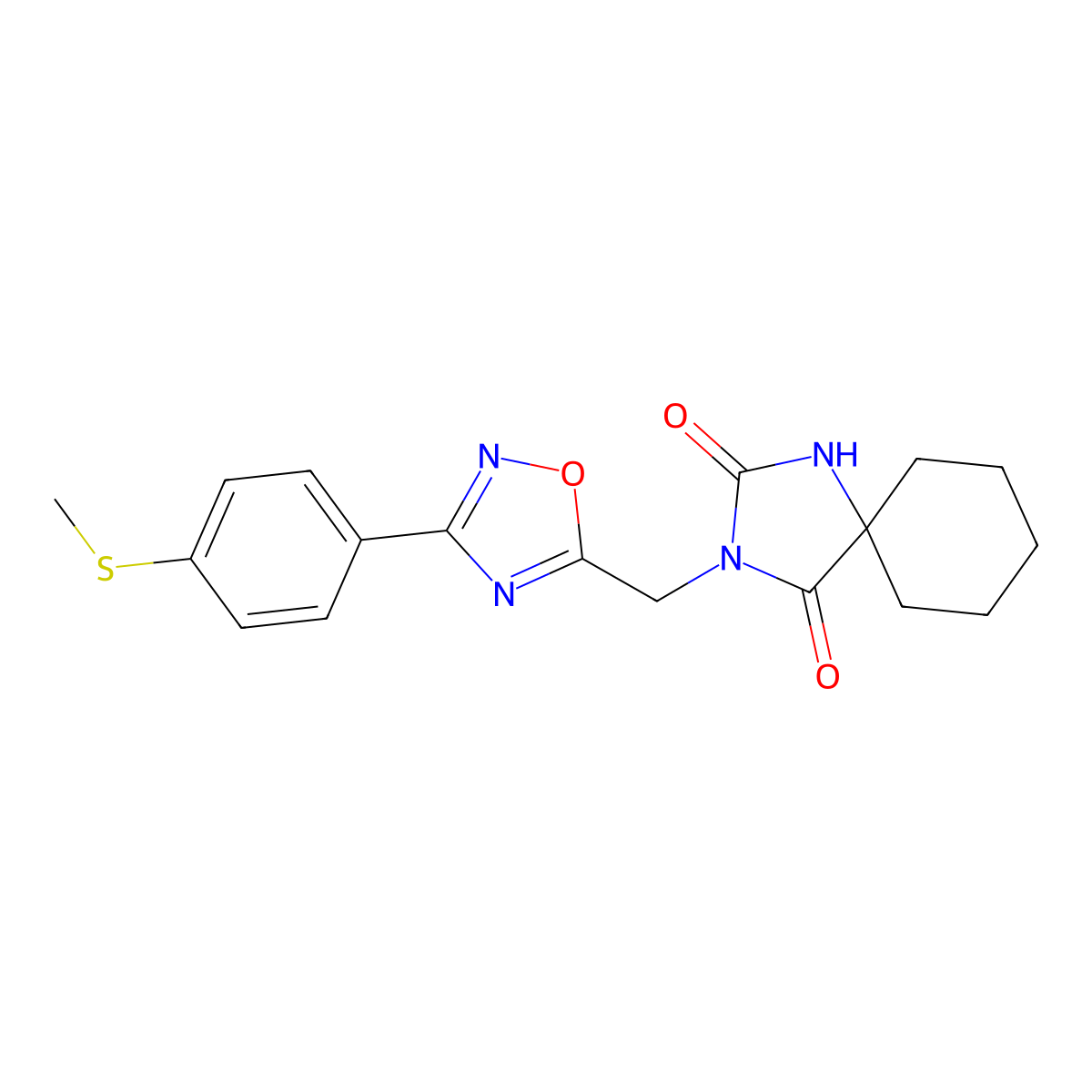 3-({3-[4-(Methylsulfanyl)phenyl]-1,2,4-oxadiazol-5-yl}methyl)-1,3-diazaspiro[4.5]decane-2,4-dione molecular structure, CAS 2742028-98-2