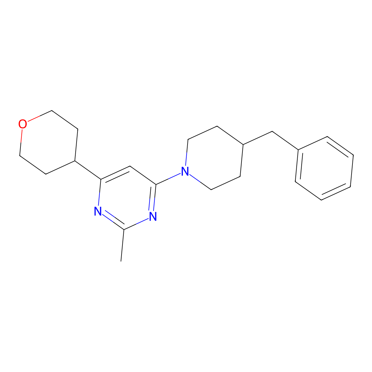 4-(4-Benzylpiperidin-1-yl)-2-methyl-6-(oxan-4-yl)pyrimidine molecular structure, CAS 2742029-02-1