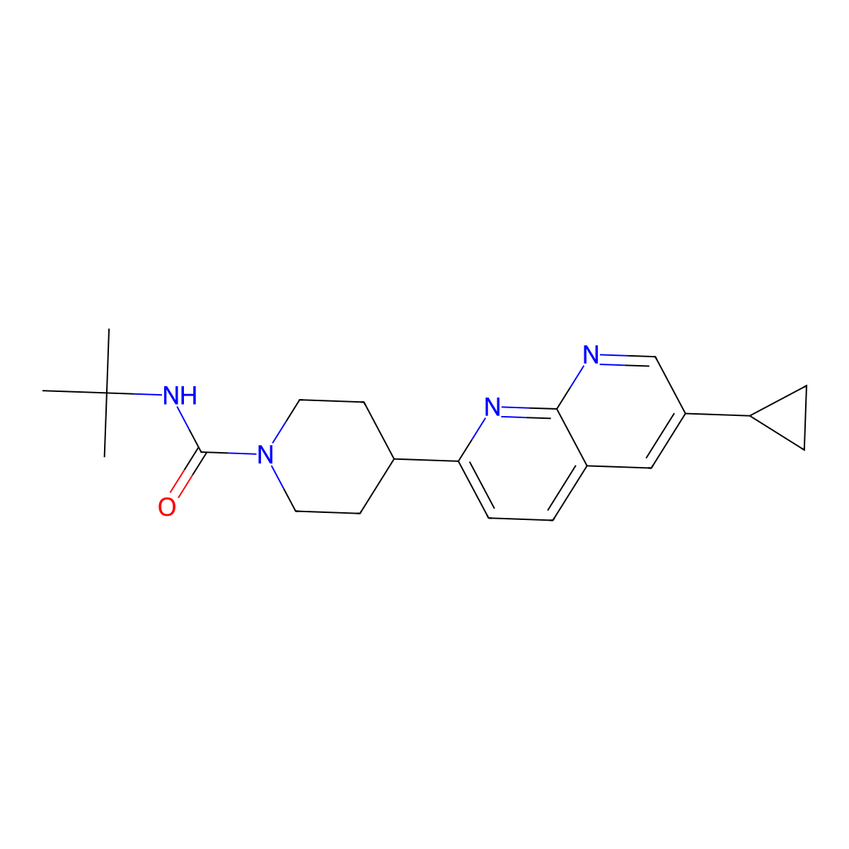 N-tert-butyl-4-(6-cyclopropyl-1,8-naphthyridin-2-yl)piperidine-1-carboxamide molecular structure, CAS 2742029-11-2