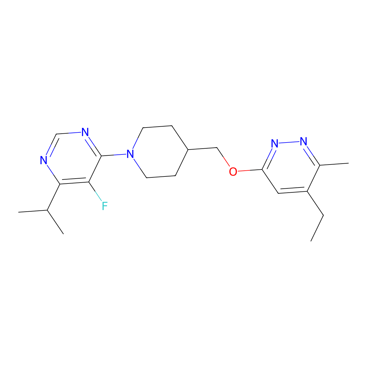 4-(4-{[(5-Ethyl-6-methylpyridazin-3-yl)oxy]methyl}piperidin-1-yl)-5-fluoro-6-(propan-2-yl)pyrimidine molecular structure, CAS 2742029-13-4