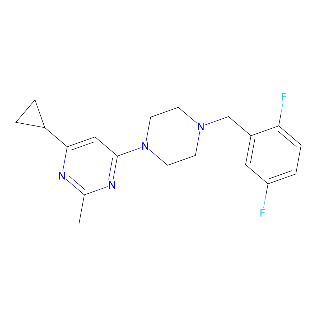 4-Cyclopropyl-6-{4-[(2,5-difluorophenyl)methyl]piperazin-1-yl}-2-methylpyrimidine molecular structure, CAS 2742029-18-9