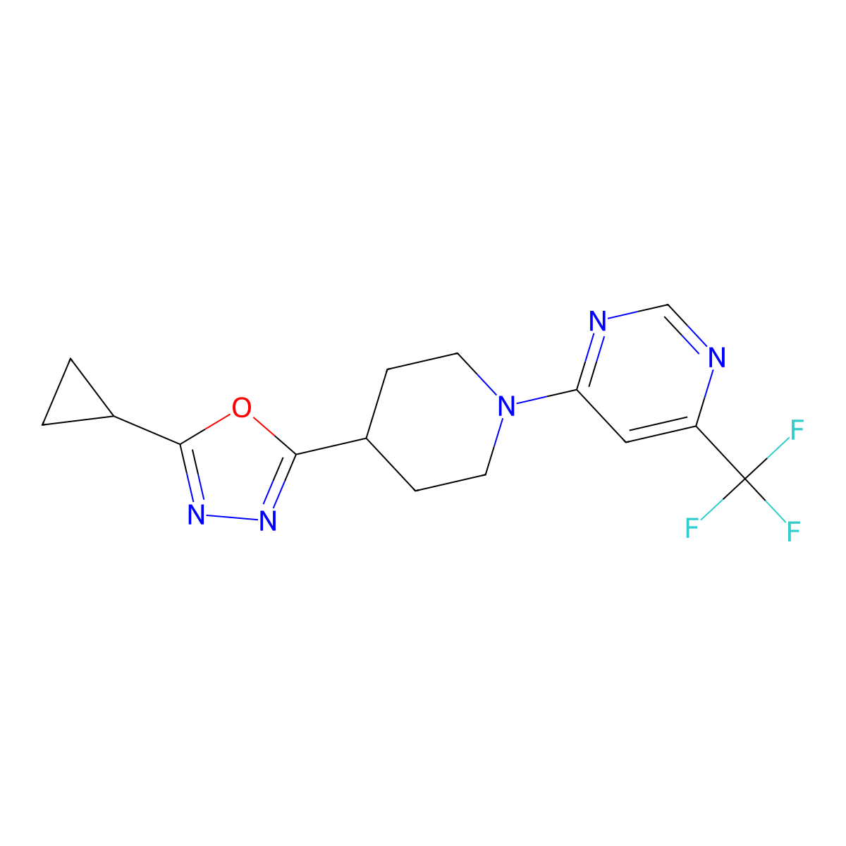 4-[4-(5-Cyclopropyl-1,3,4-oxadiazol-2-yl)piperidin-1-yl]-6-(trifluoromethyl)pyrimidine molecular structure, CAS 2742029-24-7