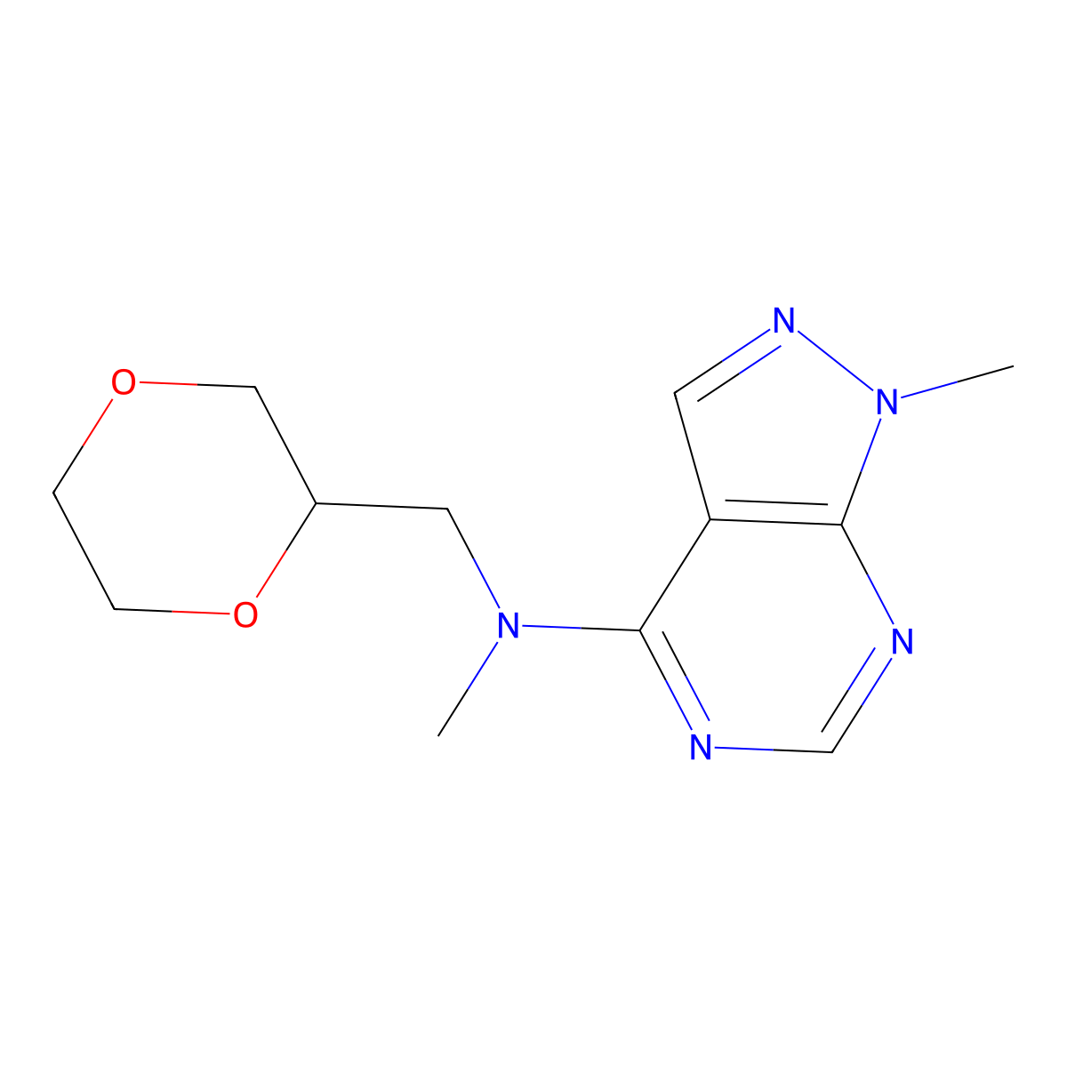 N-[(1,4-dioxan-2-yl)methyl]-N,1-dimethyl-1H-pyrazolo[3,4-d]pyrimidin-4-amine molecular structure, CAS 2742029-30-5