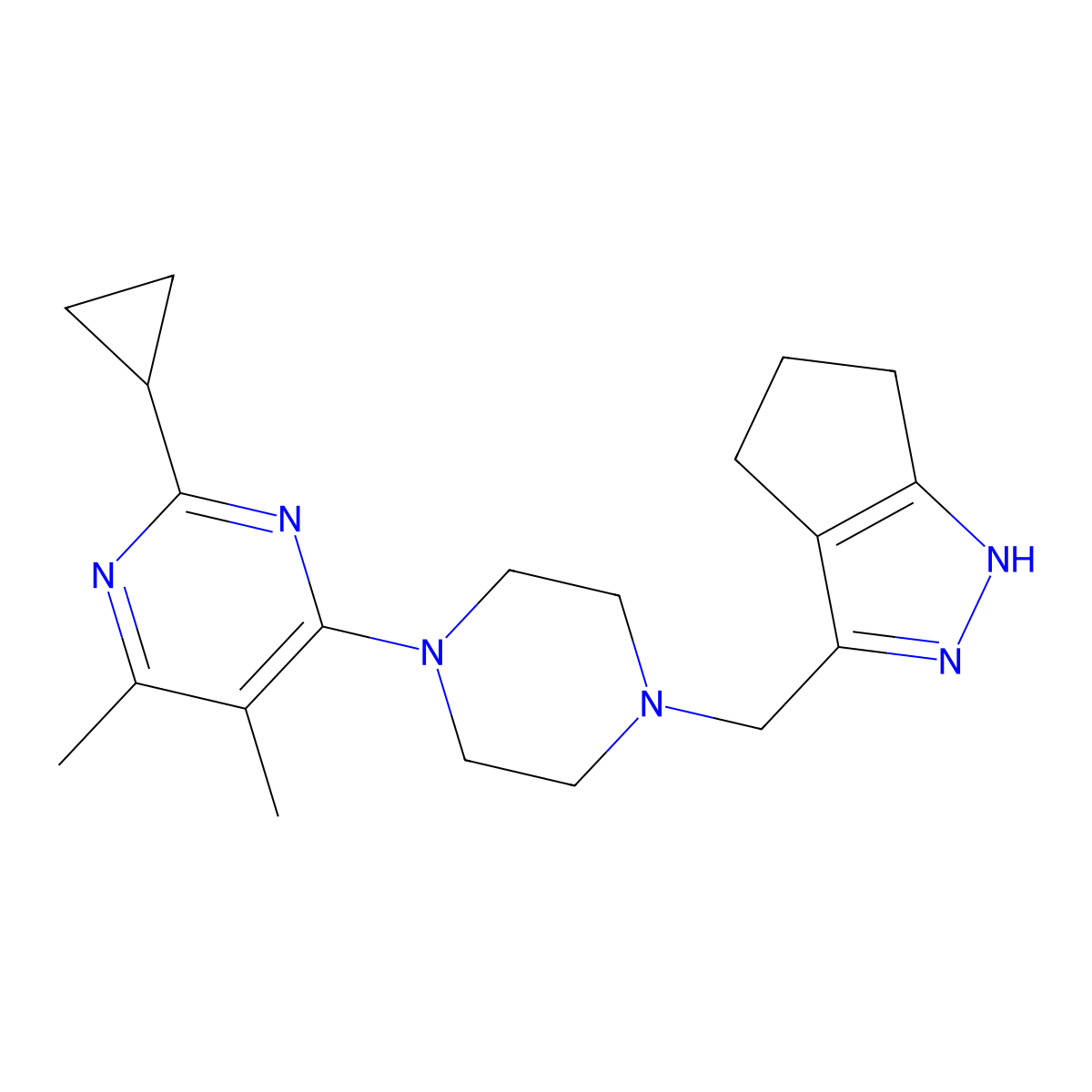 4-[4-({1H,4H,5H,6H-cyclopenta[c]pyrazol-3-yl}methyl)piperazin-1-yl]-2-cyclopropyl-5,6-dimethylpyrimidine molecular structure, CAS 2742029-31-6
