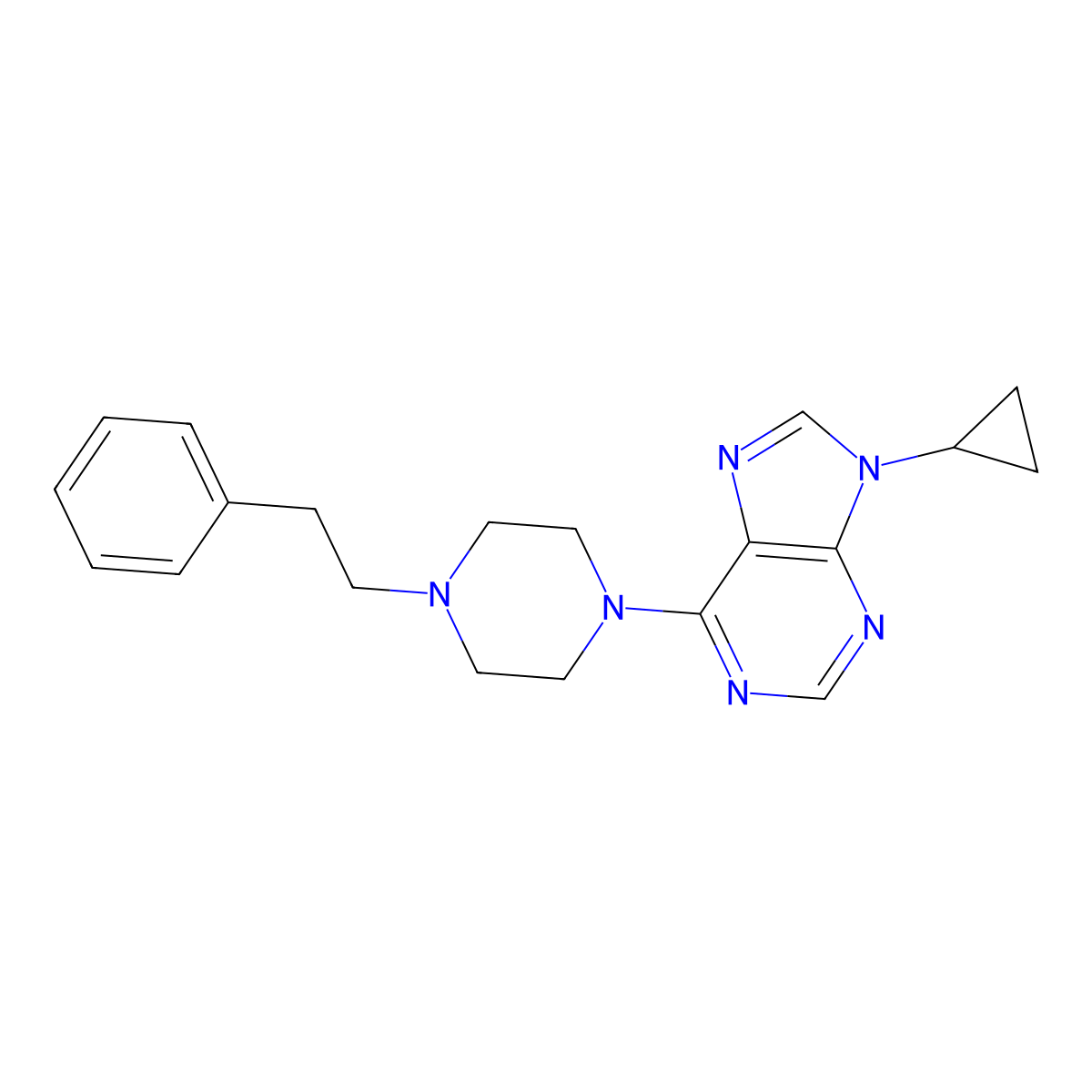9-cyclopropyl-6-[4-(2-phenylethyl)piperazin-1-yl]-9H-purine molecular structure, CAS 2742029-32-7