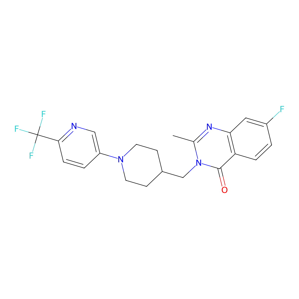7-Fluoro-2-methyl-3-({1-[6-(trifluoromethyl)pyridin-3-yl]piperidin-4-yl}methyl)-3,4-dihydroquinazolin-4-one molecular structure, CAS 2742029-35-0