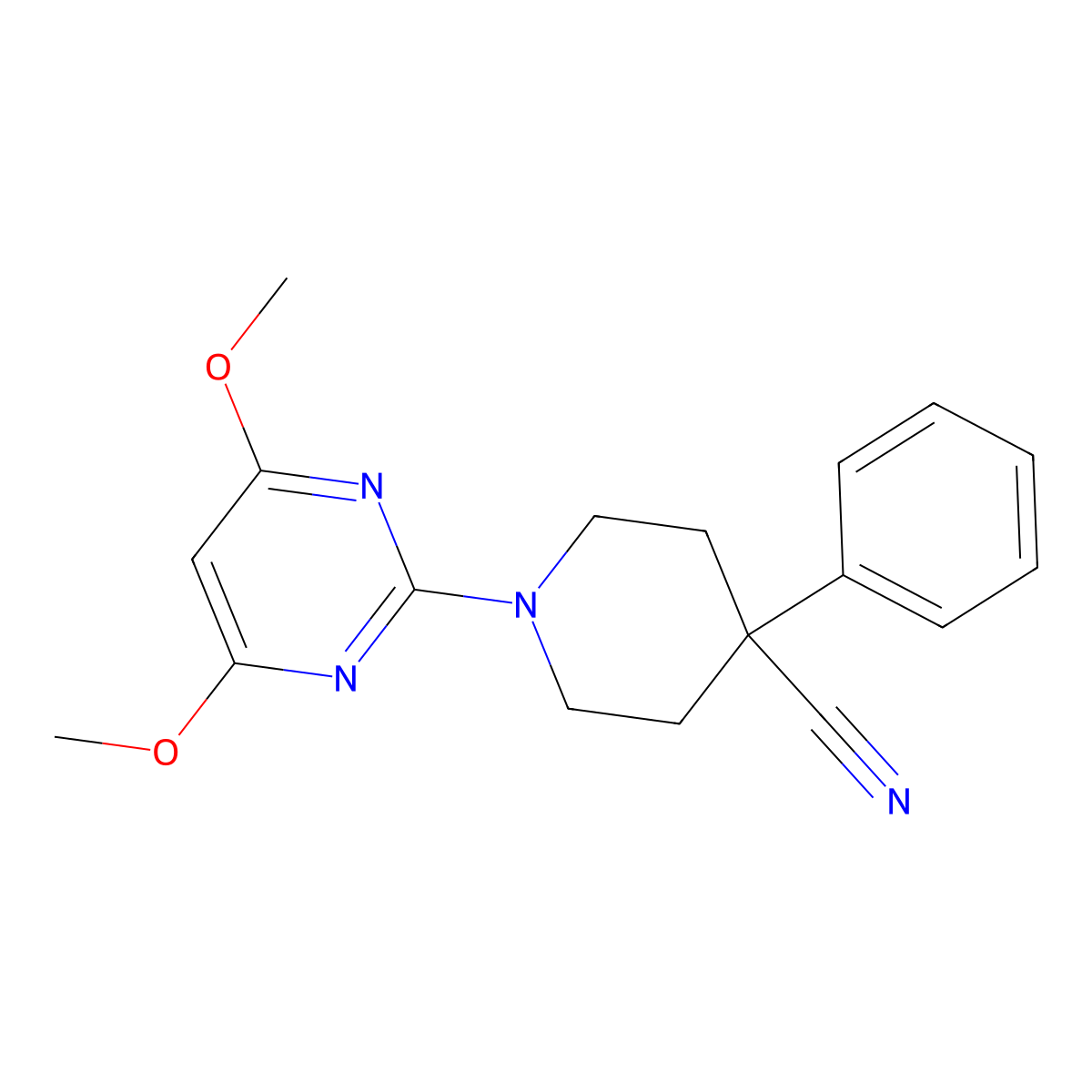 1-(4,6-Dimethoxypyrimidin-2-yl)-4-phenylpiperidine-4-carbonitrile molecular structure, CAS 2742029-37-2