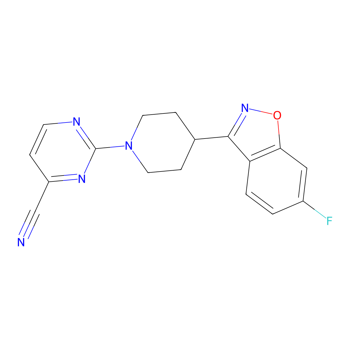2-[4-(6-Fluoro-1,2-benzoxazol-3-yl)piperidin-1-yl]pyrimidine-4-carbonitrile molecular structure, CAS 2742029-38-3