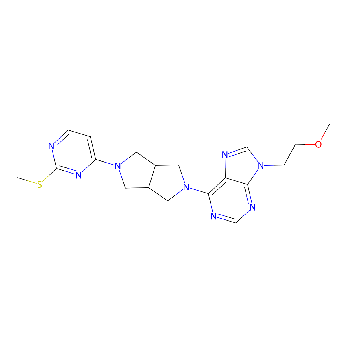 9-(2-methoxyethyl)-6-{5-[2-(methylsulfanyl)pyrimidin-4-yl]-octahydropyrrolo[3,4-c]pyrrol-2-yl}-9H-purine molecular structure, CAS 2742029-39-4