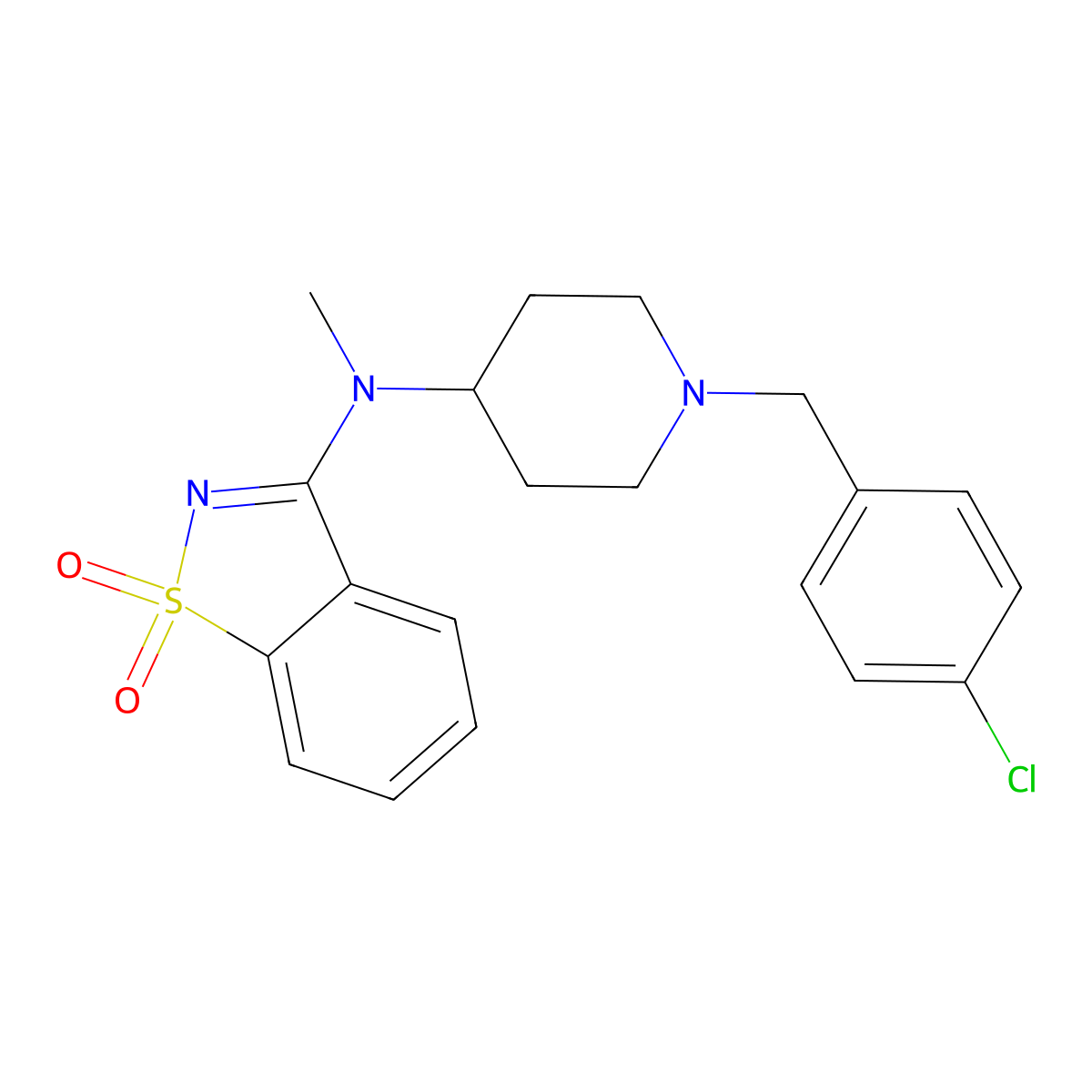 N-[1-[(4-chlorophenyl)methyl]piperidin-4-yl]-N-methyl-1,1-dioxo-1,2-benzothiazol-3-amine molecular structure, CAS 2742029-40-7