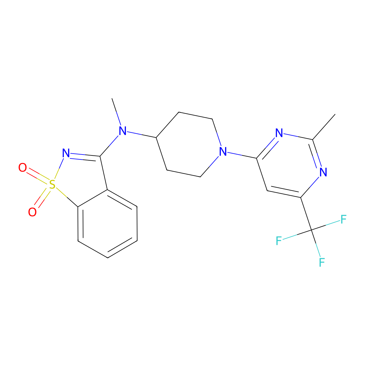 N-methyl-N-[1-[2-methyl-6-(trifluoromethyl)pyrimidin-4-yl]piperidin-4-yl]-1,1-dioxo-1,2-benzothiazol-3-amine molecular structure, CAS 2742029-41-8