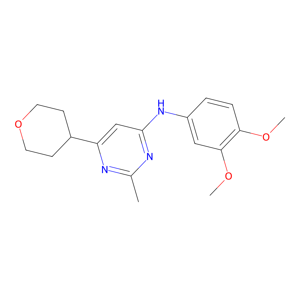 N-(3,4-dimethoxyphenyl)-2-methyl-6-(oxan-4-yl)pyrimidin-4-amine molecular structure, CAS 2742029-42-9
