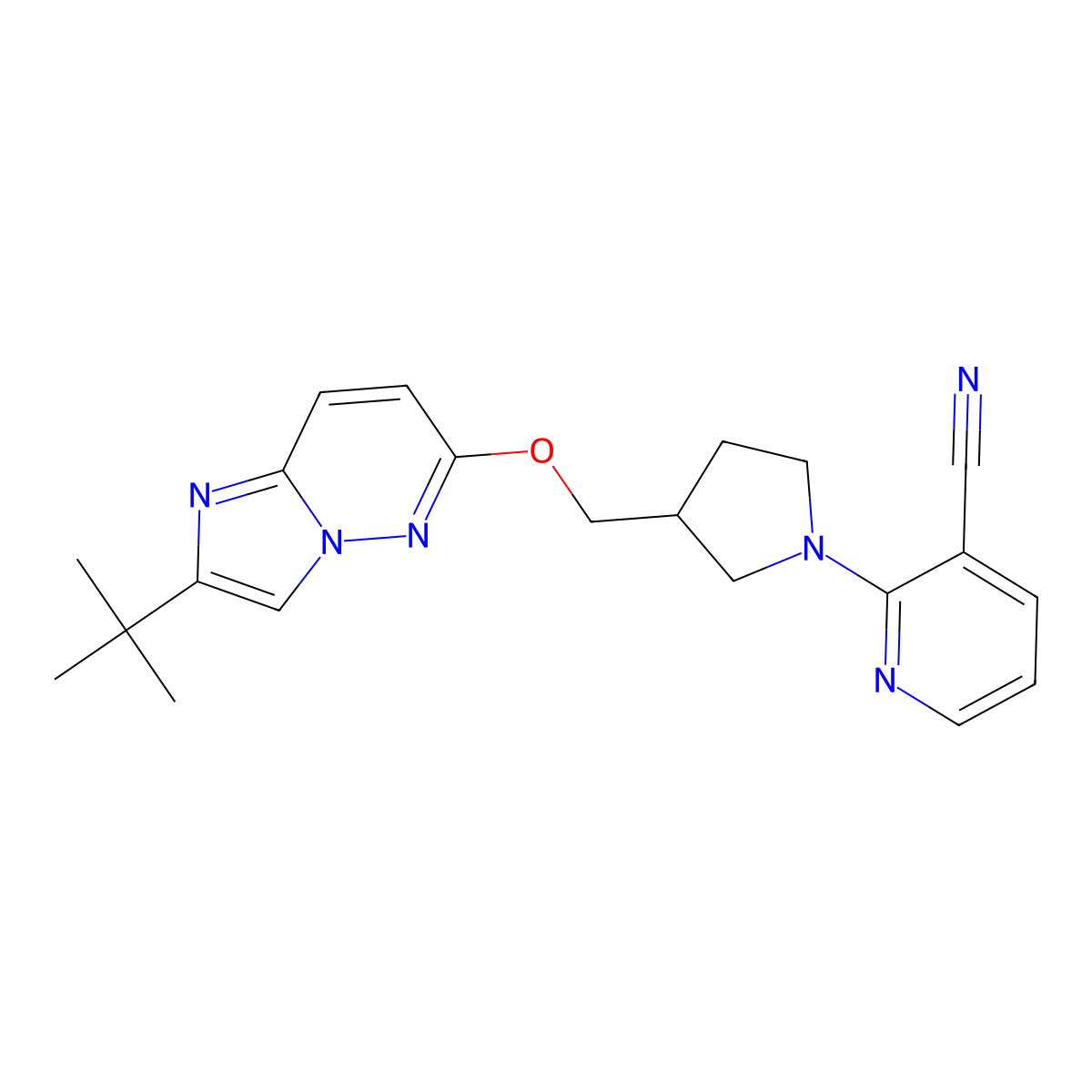 2-{3-[({2-Tert-butylimidazo[1,2-b]pyridazin-6-yl}oxy)methyl]pyrrolidin-1-yl}pyridine-3-carbonitrile molecular structure, CAS 2742029-43-0