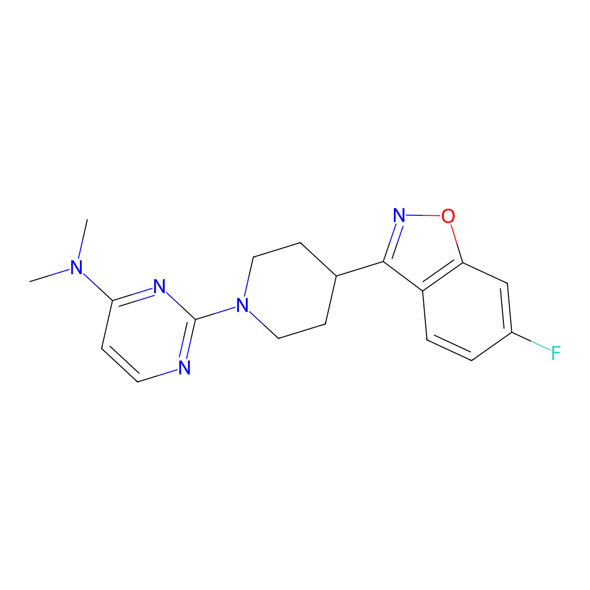 2-[4-(6-fluoro-1,2-benzoxazol-3-yl)piperidin-1-yl]-N,N-dimethylpyrimidin-4-amine molecular structure, CAS 2742029-45-2