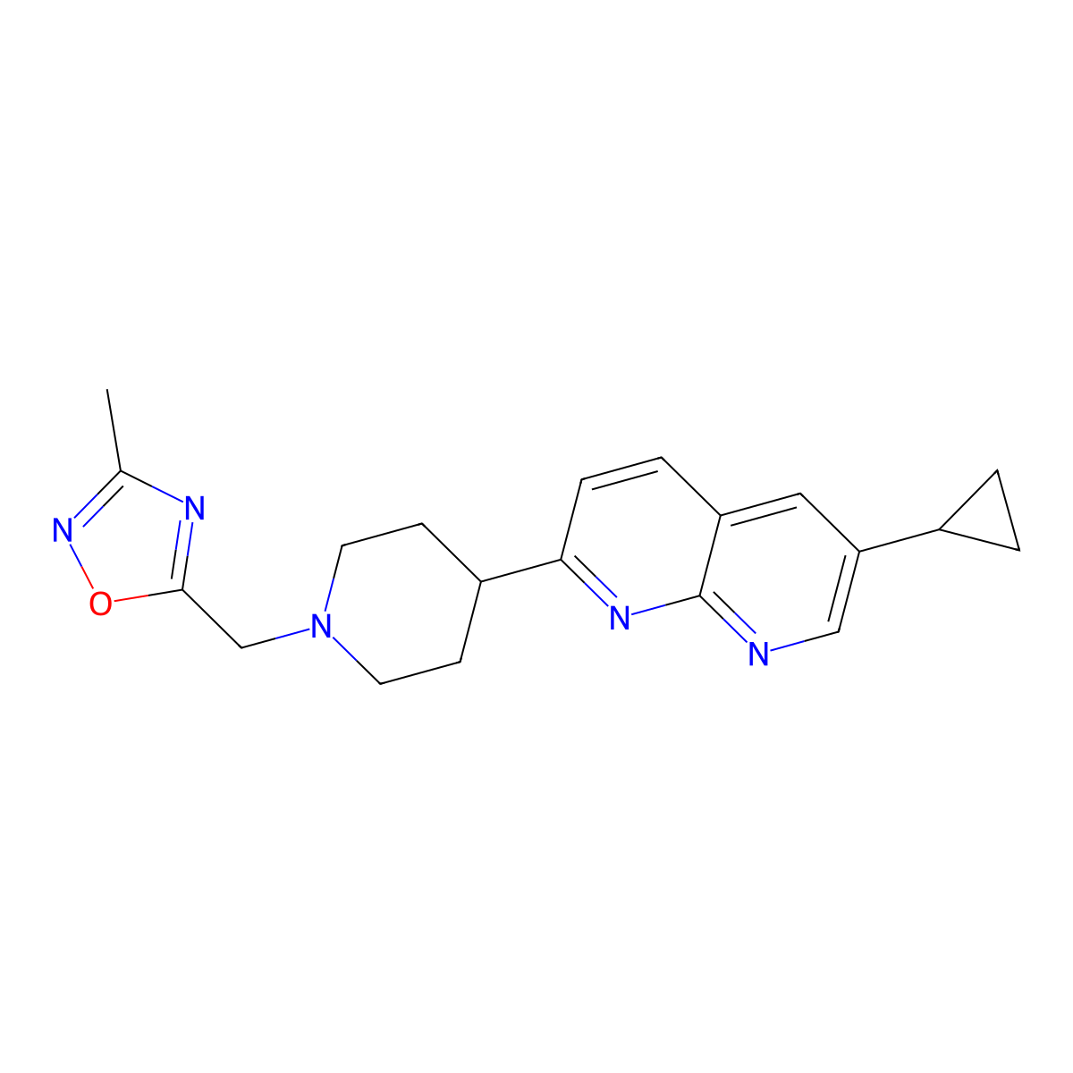 6-Cyclopropyl-2-{1-[(3-methyl-1,2,4-oxadiazol-5-yl)methyl]piperidin-4-yl}-1,8-naphthyridine molecular structure, CAS 2742029-46-3