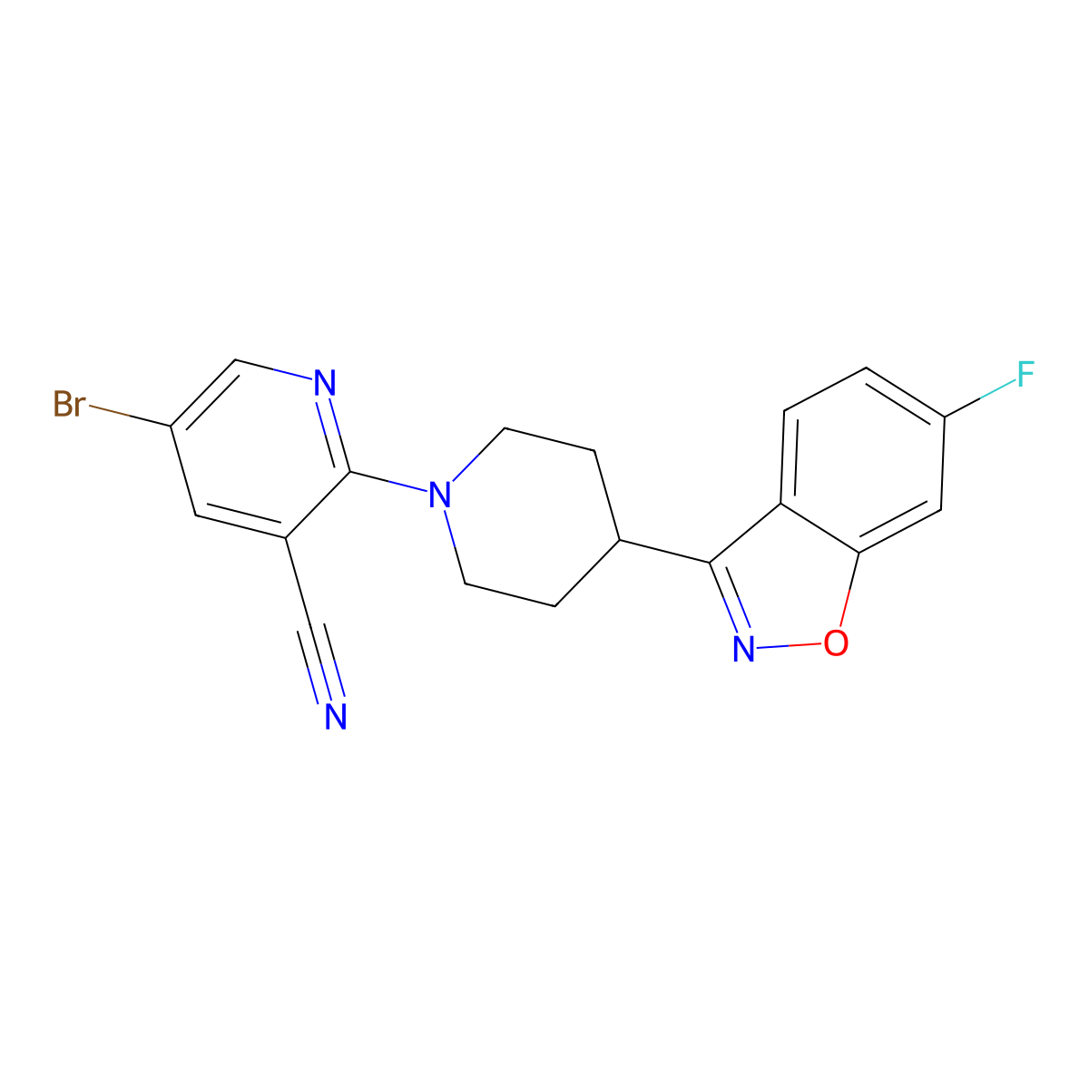 5-Bromo-2-[4-(6-fluoro-1,2-benzoxazol-3-yl)piperidin-1-yl]pyridine-3-carbonitrile molecular structure, CAS 2742029-52-1