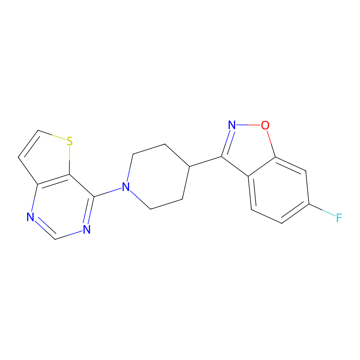 6-Fluoro-3-(1-{thieno[3,2-d]pyrimidin-4-yl}piperidin-4-yl)-1,2-benzoxazole molecular structure, CAS 2742029-55-4