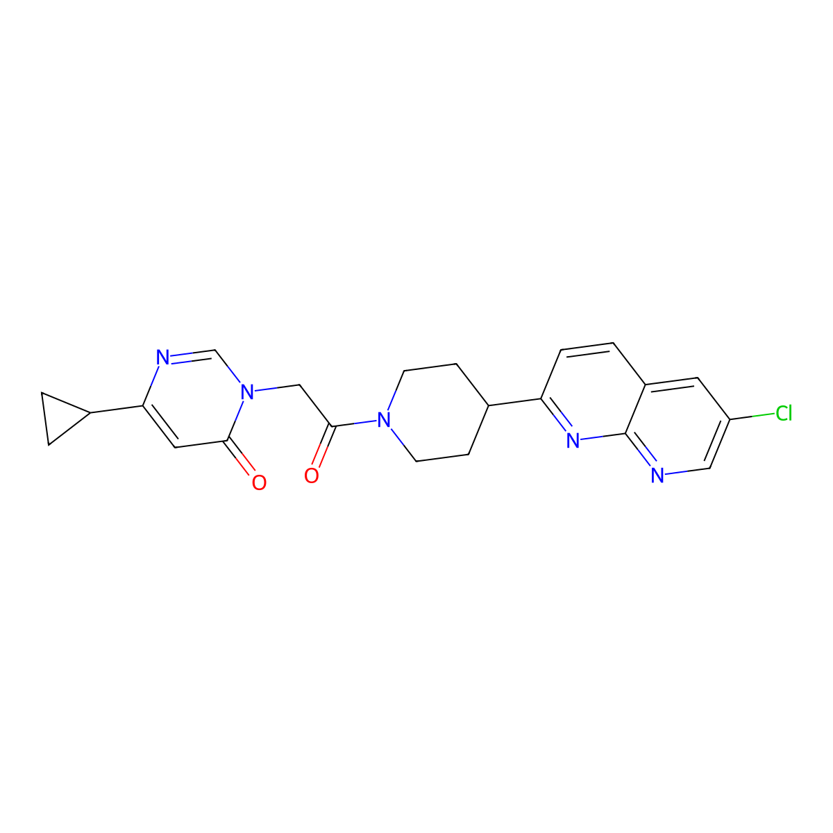3-{2-[4-(6-Chloro-1,8-naphthyridin-2-yl)piperidin-1-yl]-2-oxoethyl}-6-cyclopropyl-3,4-dihydropyrimidin-4-one molecular structure, CAS 2742029-58-7