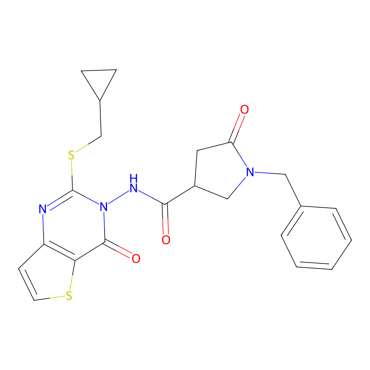 1-benzyl-N-{2-[(cyclopropylmethyl)sulfanyl]-4-oxo-3H,4H-thieno[3,2-d]pyrimidin-3-yl}-5-oxopyrrolidine-3-carboxamide molecular structure, CAS 2742029-71-4