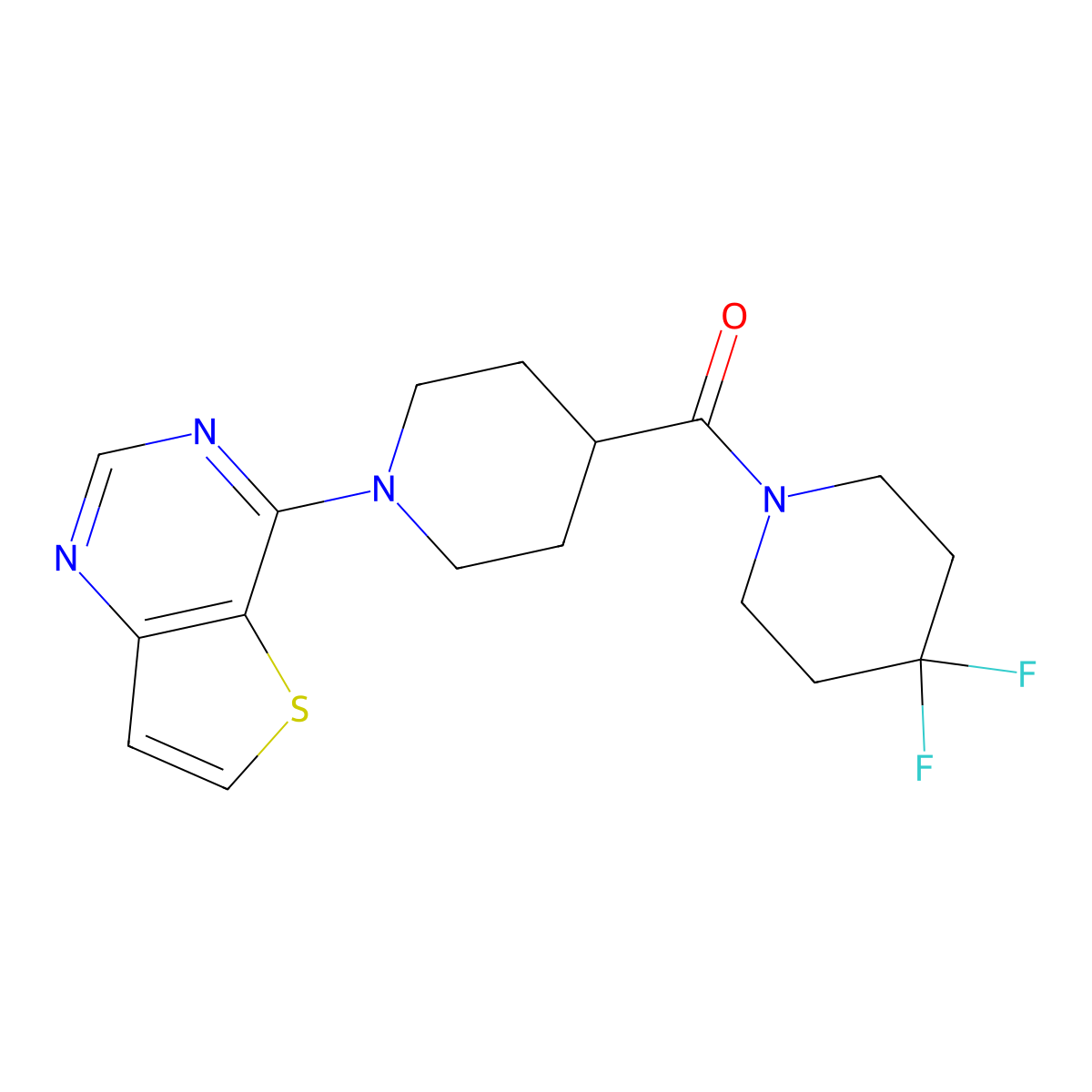 4-(4,4-Difluoropiperidine-1-carbonyl)-1-{thieno[3,2-d]pyrimidin-4-yl}piperidine molecular structure, CAS 2742029-73-6