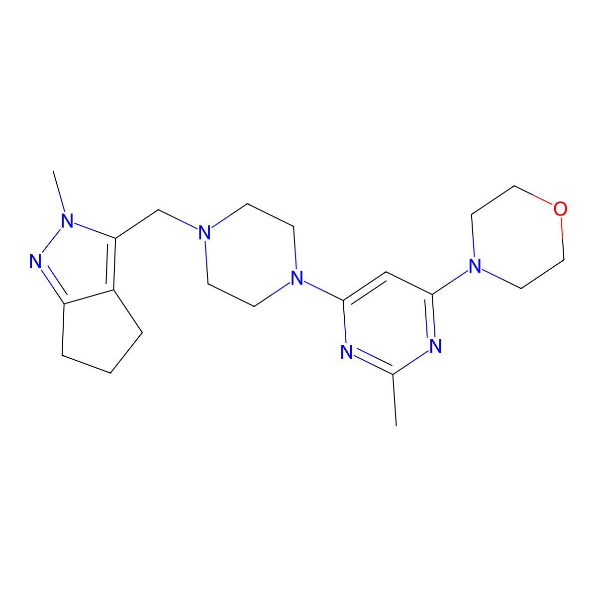4-{2-methyl-6-[4-({2-methyl-2H,4H,5H,6H-cyclopenta[c]pyrazol-3-yl}methyl)piperazin-1-yl]pyrimidin-4-yl}morpholine molecular structure, CAS 2742029-75-8