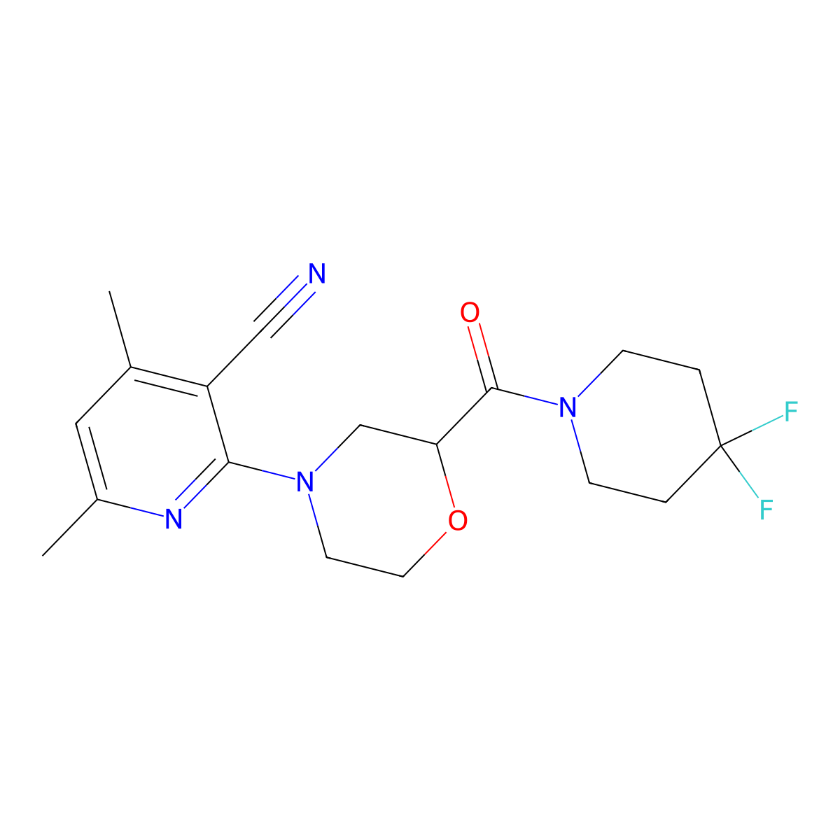 2-[2-(4,4-Difluoropiperidine-1-carbonyl)morpholin-4-yl]-4,6-dimethylpyridine-3-carbonitrile molecular structure, CAS 2742029-77-0