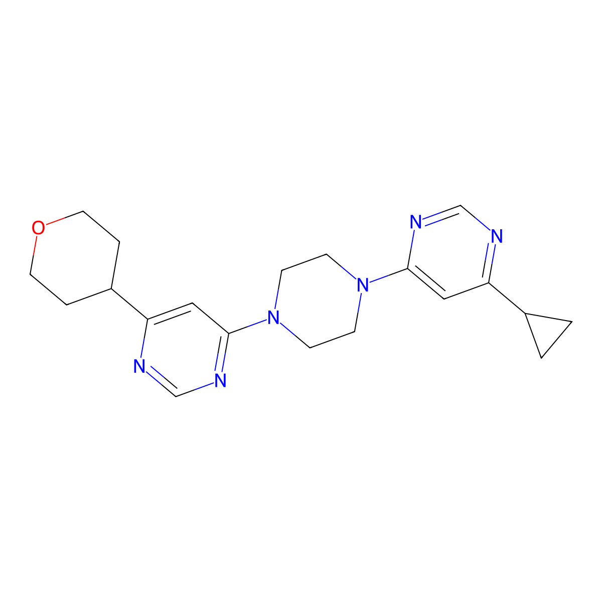 4-Cyclopropyl-6-{4-[6-(oxan-4-yl)pyrimidin-4-yl]piperazin-1-yl}pyrimidine molecular structure, CAS 2742029-89-4