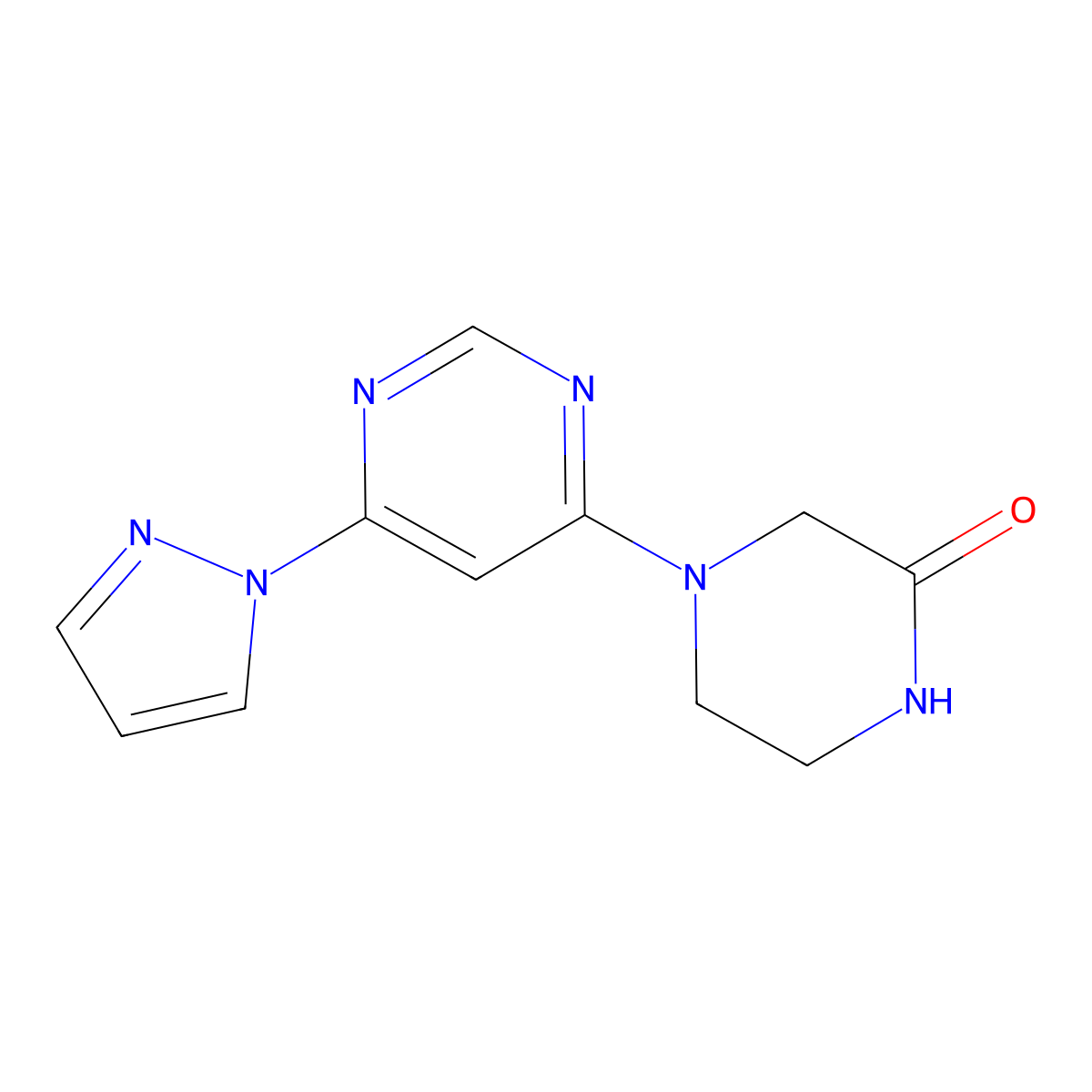 4-[6-(1H-pyrazol-1-yl)pyrimidin-4-yl]piperazin-2-one molecular structure, CAS 2742029-99-6