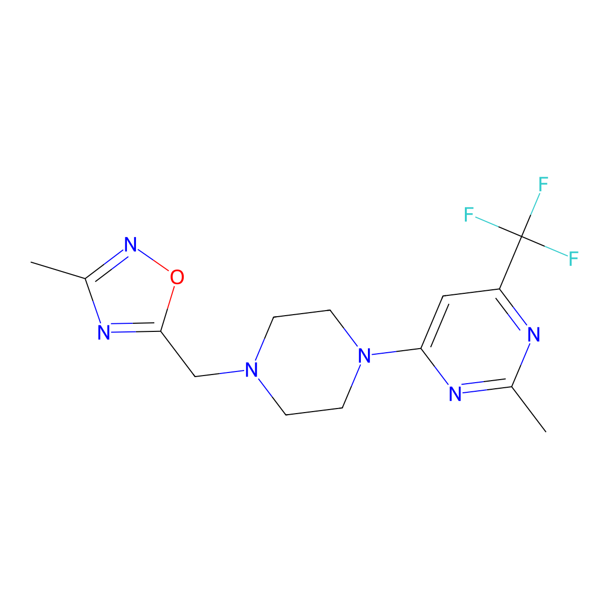 2-Methyl-4-{4-[(3-methyl-1,2,4-oxadiazol-5-yl)methyl]piperazin-1-yl}-6-(trifluoromethyl)pyrimidine molecular structure, CAS 2742030-09-5