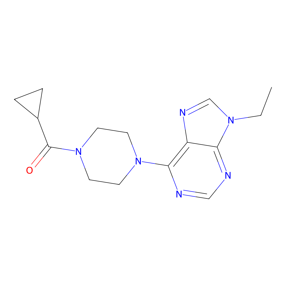6-(4-cyclopropanecarbonylpiperazin-1-yl)-9-ethyl-9H-purine molecular structure, CAS 2742030-11-9