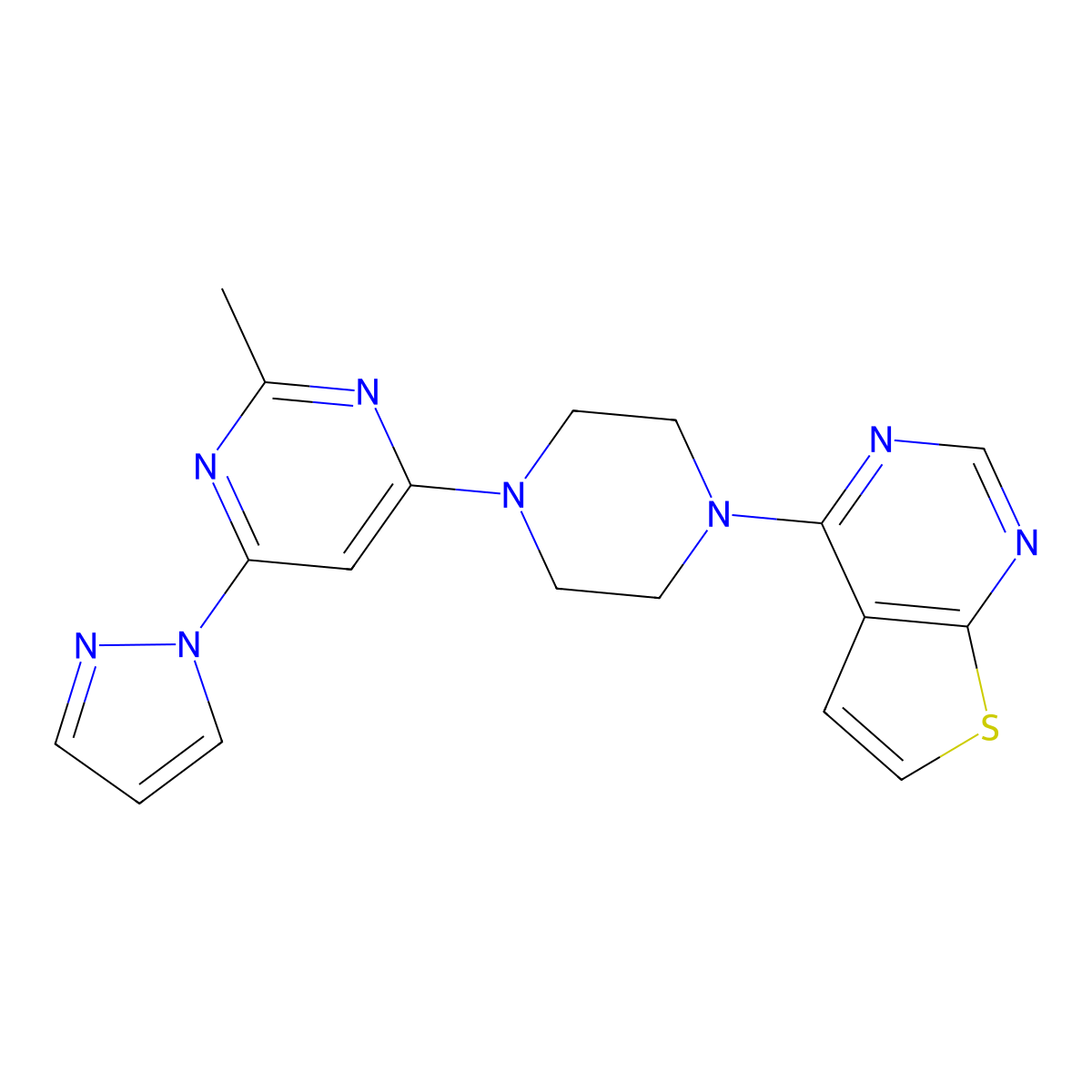 2-methyl-4-(1H-pyrazol-1-yl)-6-(4-{thieno[2,3-d]pyrimidin-4-yl}piperazin-1-yl)pyrimidine molecular structure, CAS 2742030-17-5