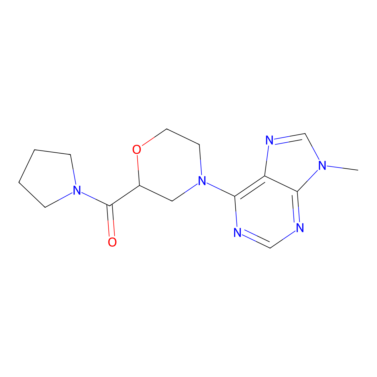 9-methyl-6-[2-(pyrrolidine-1-carbonyl)morpholin-4-yl]-9H-purine molecular structure, CAS 2742030-24-4