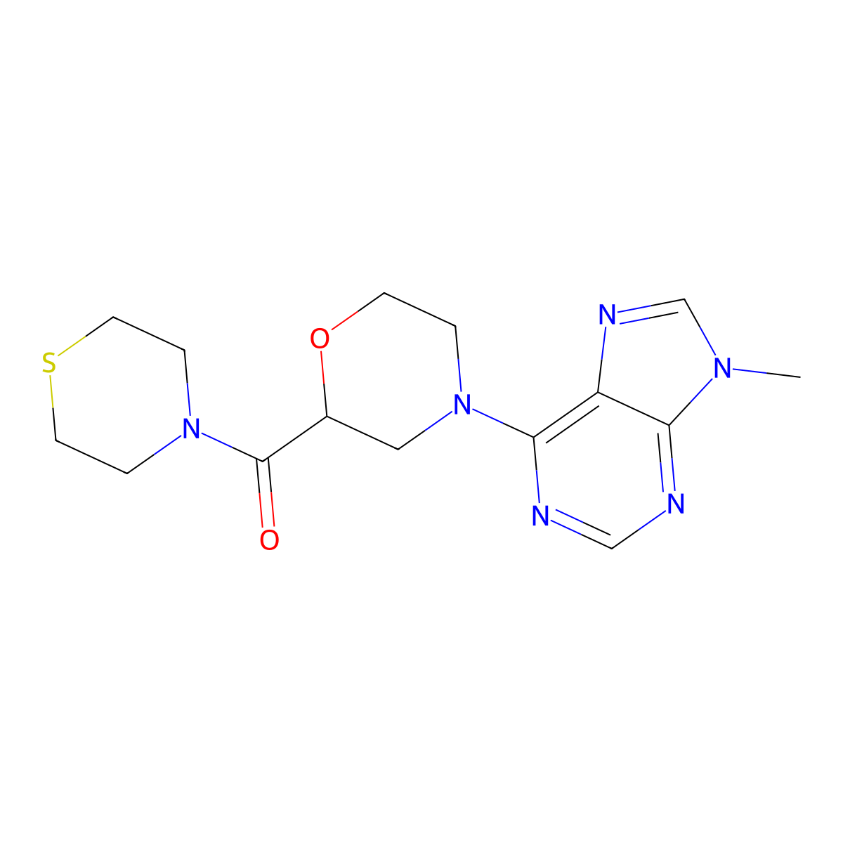 9-methyl-6-[2-(thiomorpholine-4-carbonyl)morpholin-4-yl]-9H-purine molecular structure, CAS 2742030-27-7