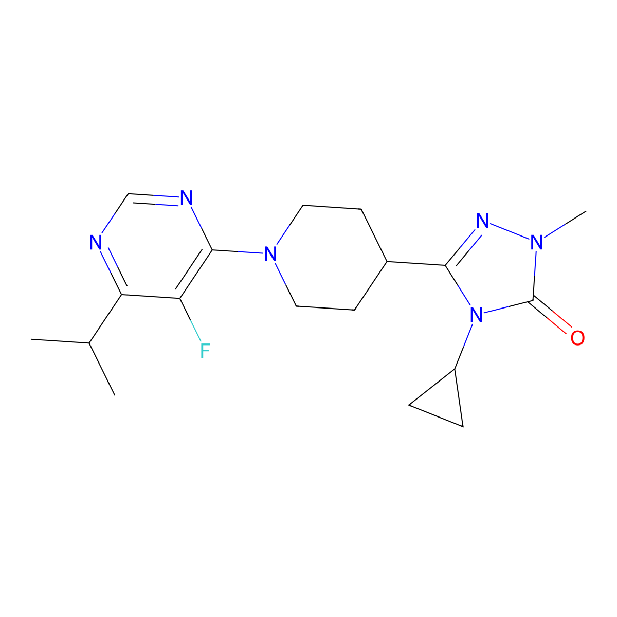 4-cyclopropyl-3-{1-[5-fluoro-6-(propan-2-yl)pyrimidin-4-yl]piperidin-4-yl}-1-methyl-4,5-dihydro-1H-1,2,4-triazol-5-one molecular structure, CAS 2742030-31-3