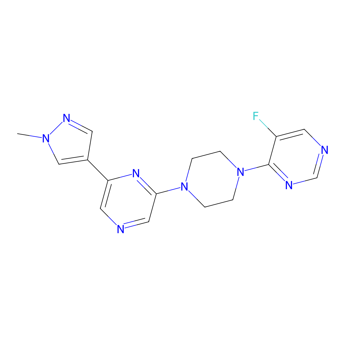 2-[4-(5-fluoropyrimidin-4-yl)piperazin-1-yl]-6-(1-methyl-1H-pyrazol-4-yl)pyrazine molecular structure, CAS 2742030-34-6