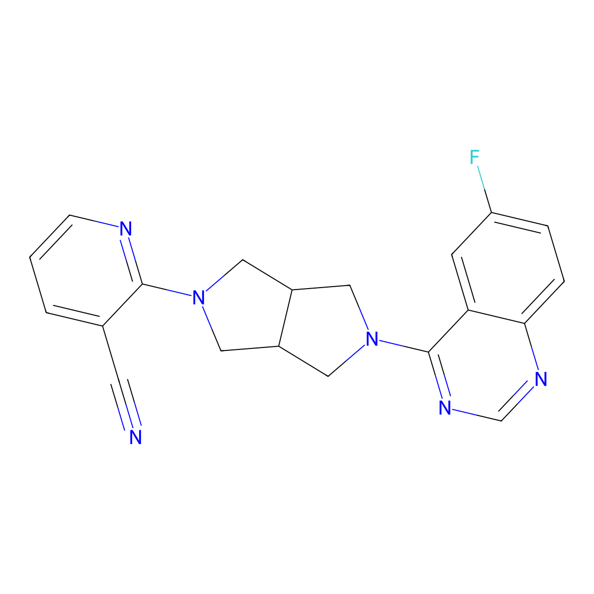 2-[5-(6-Fluoroquinazolin-4-yl)-octahydropyrrolo[3,4-c]pyrrol-2-yl]pyridine-3-carbonitrile molecular structure, CAS 2742030-35-7