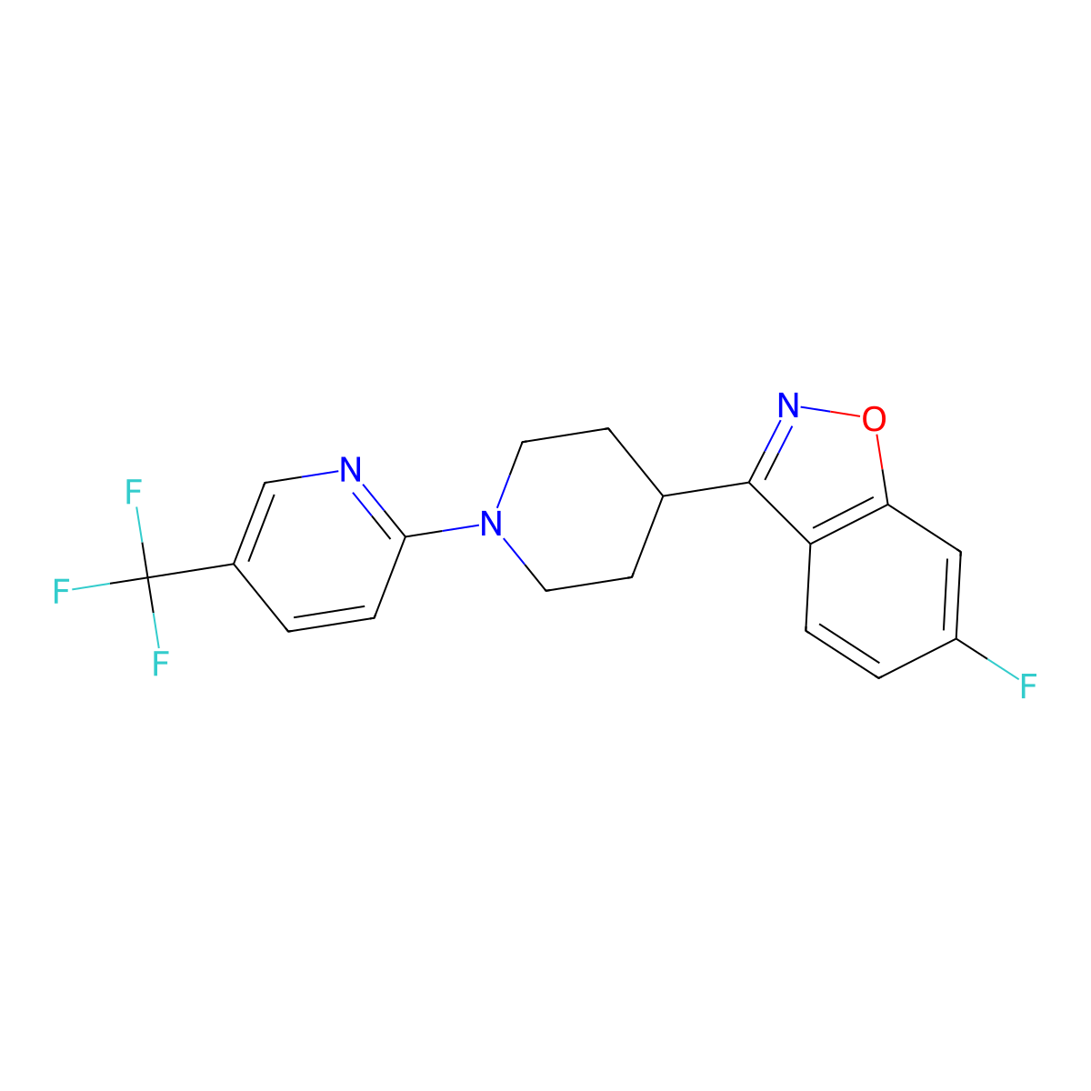 6-Fluoro-3-{1-[5-(trifluoromethyl)pyridin-2-yl]piperidin-4-yl}-1,2-benzoxazole molecular structure, CAS 2742030-48-2