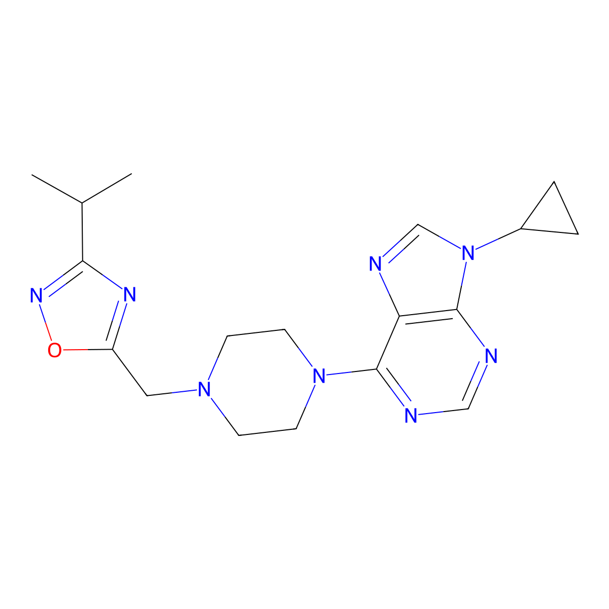 9-cyclopropyl-6-(4-{[3-(propan-2-yl)-1,2,4-oxadiazol-5-yl]methyl}piperazin-1-yl)-9H-purine molecular structure, CAS 2742030-57-3