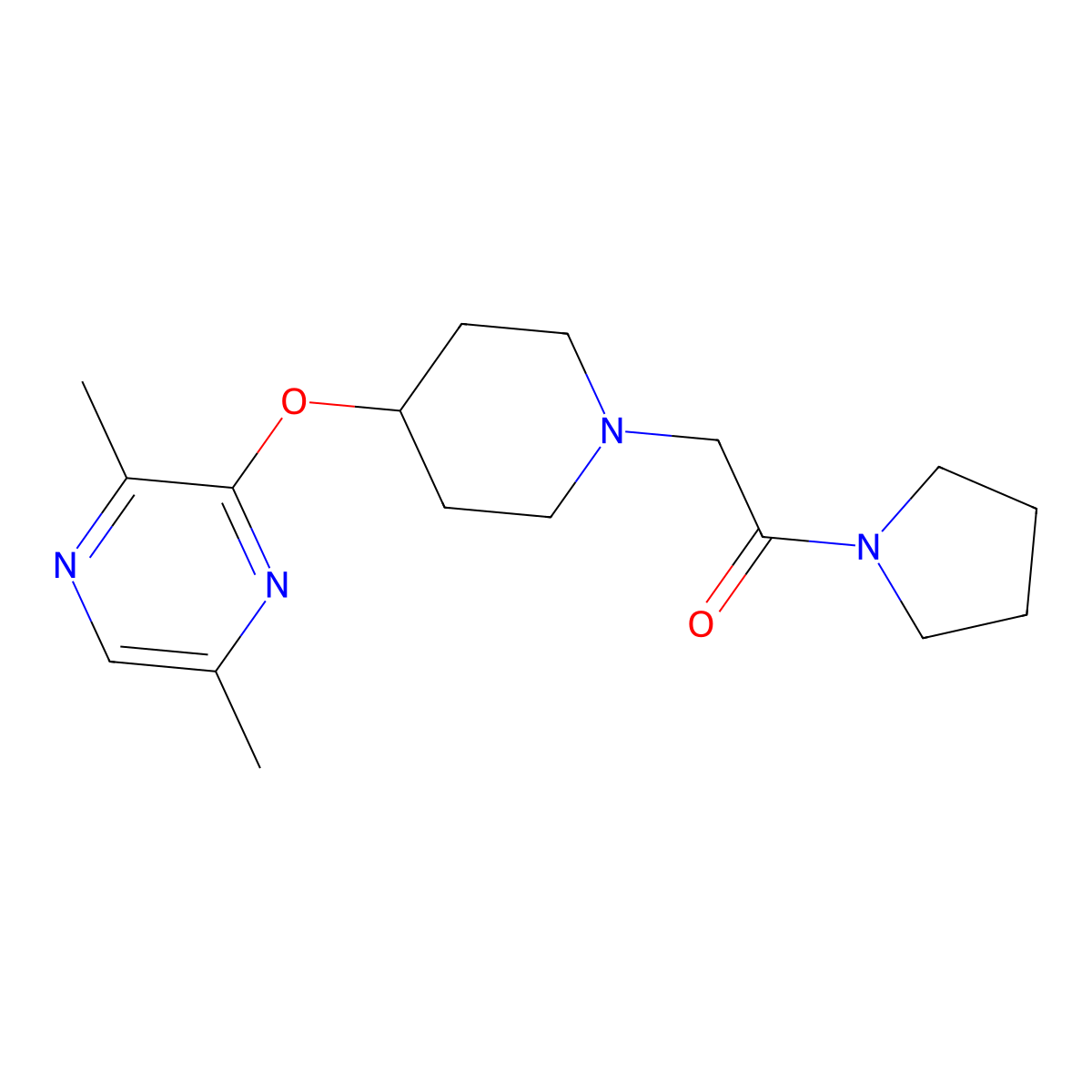 2-{4-[(3,6-Dimethylpyrazin-2-yl)oxy]piperidin-1-yl}-1-(pyrrolidin-1-yl)ethan-1-one molecular structure, CAS 2742030-69-7