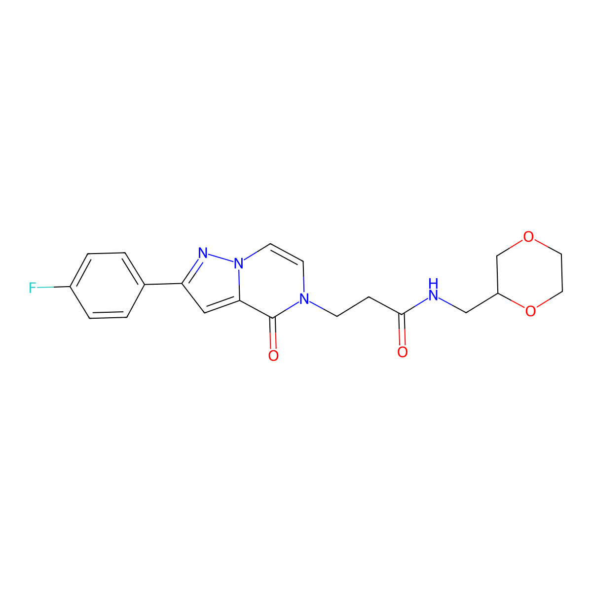 N-[(1,4-dioxan-2-yl)methyl]-3-[2-(4-fluorophenyl)-4-oxo-4H,5H-pyrazolo[1,5-a]pyrazin-5-yl]propanamide molecular structure, CAS 2742030-72-2