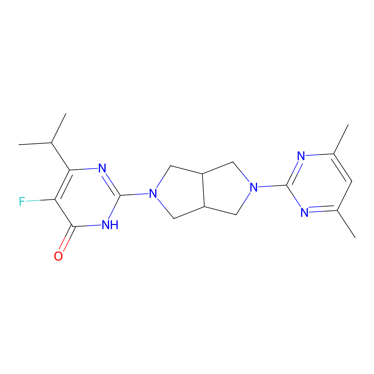 2-[5-(4,6-Dimethylpyrimidin-2-yl)-octahydropyrrolo[3,4-c]pyrrol-2-yl]-5-fluoro-6-(propan-2-yl)-3,4-dihydropyrimidin-4-one molecular structure, CAS 2742030-75-5